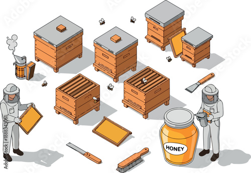 Isometric Beekeeping Scene with Hives, Beekeeper Suits, and Honey Jar Illustration