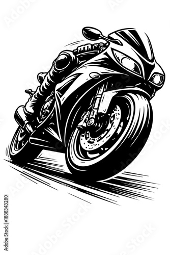 Close-up dynamic perspective of road racing motorcycle focusing on front wheel