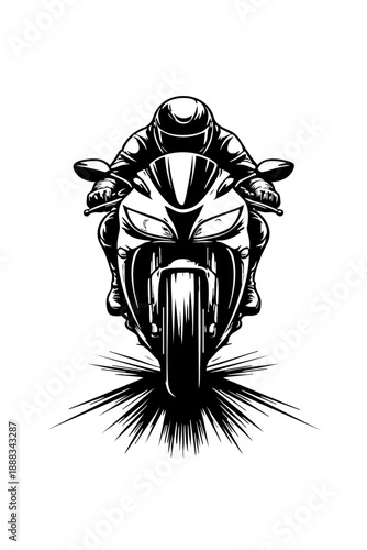 Front view road race motorbike charging forward