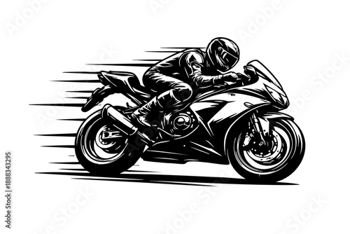 Side profile road racing motorcycle at full speed, aerodynamic fairings