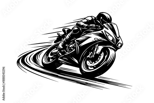 Road race motorbike exiting a corner, rider tucked and accelerating