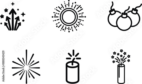black and white line icons of various fireworks and explosion symbols