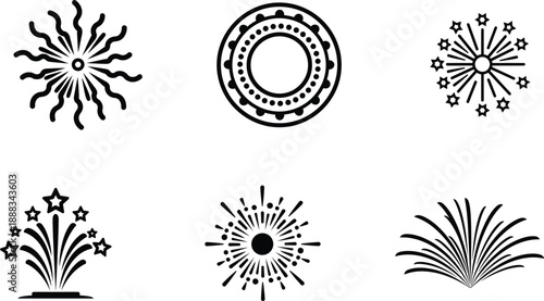 black firework icons with various styles and shapes for design