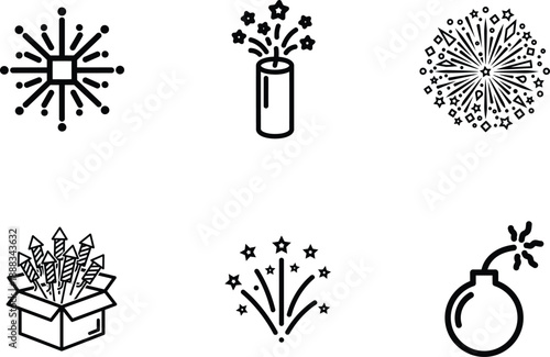 collection of black line icons depicting various fireworks and explosives on white background