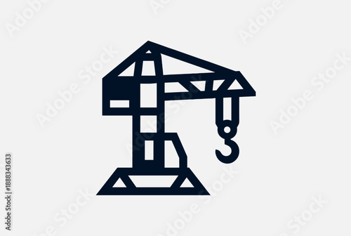 Minimalist dark blue outline icon of a tower crane used in construction and heavy lifting operations on a light grey background.