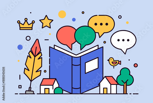 An illustration of an open book surrounded by storytelling elements like speech bubbles, a quill, a crown, houses, and a bird, set against a light blue background.