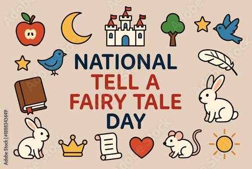 An illustration celebrating National Tell a Fairy Tale Day with various whimsical icons like a castle, rabbits, book, apple, and moon on a light brown background.