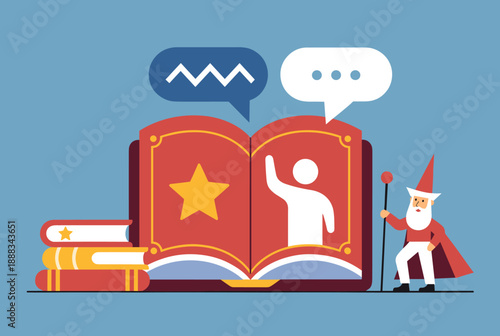 A wizard stands next to an open book with a star and a person icon, surrounded by speech bubbles and a stack of books, representing storytelling and imagination.