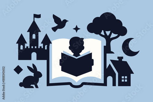 Stylized illustration of a person reading an open book, surrounded by imaginative fantasy elements like a castle, tree, moon, and rabbit, symbolizing storytelling and wonder.