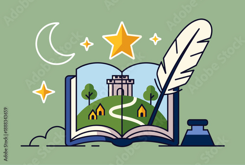 An open storybook with a whimsical landscape, a quill pen, and celestial elements, symbolizing imagination and creative writing.