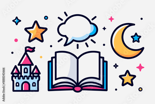 Colorful cartoon illustration of fantasy and storytelling elements including an open book, castle, moon, stars, and a sun cloud thought bubble.