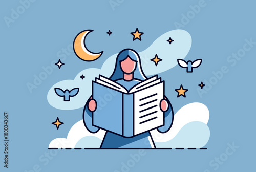 Illustration of a woman reading a book under a magical night sky with moon, stars, and flying birds, depicting a serene and imaginative scene.