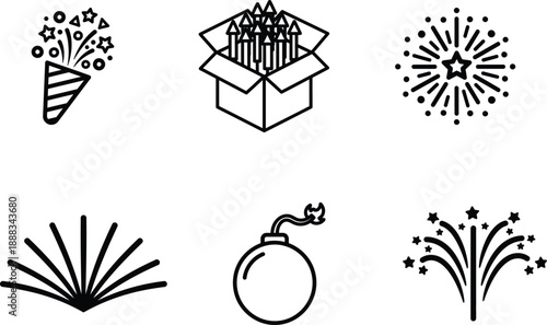 fireworks and bomb icons in black and white on transparent background