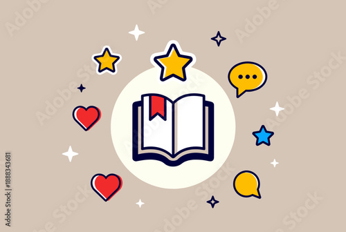 Vector illustration of an open book surrounded by positive feedback icons like stars, hearts, and speech bubbles, symbolizing reading, learning, and engagement.
