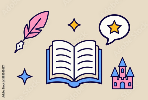 Whimsical illustration of an open book, quill, castle, and stars, representing storytelling and fantasy concepts.