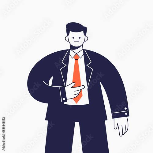 Minimalist illustration of a businessman in a dark suit and orange tie pointing at himself with a neutral expression.