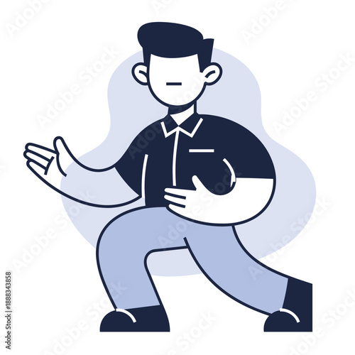 Stylized illustration of a man practicing a slow, meditative martial art or exercise, possibly Tai Chi, with a calm and focused posture.