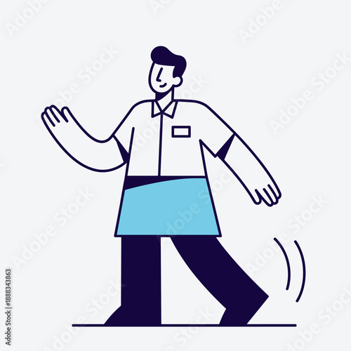 Stylized illustration of a smiling man in a uniform and apron walking or dancing with a cheerful expression.