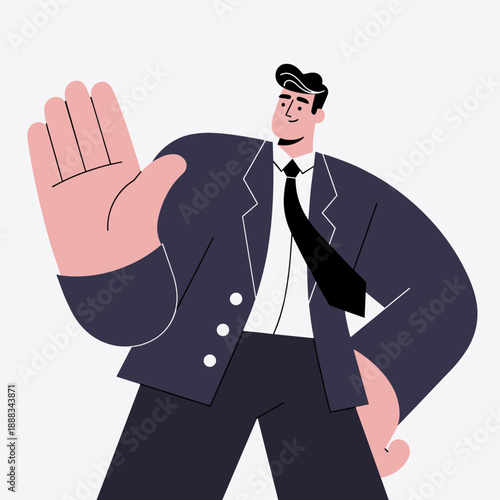 Stylized cartoon businessman in a dark suit and tie with an exaggerated large hand raised, smiling cheerfully on a plain white background.