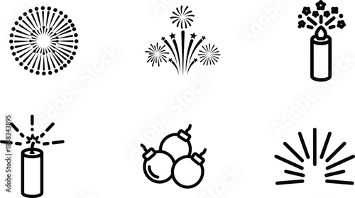 Fireworks icons and bomb illustrations in black and white