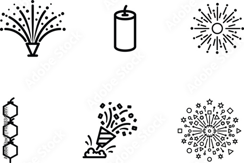 Fireworks icons and pyrotechnics symbols for celebrations and parties