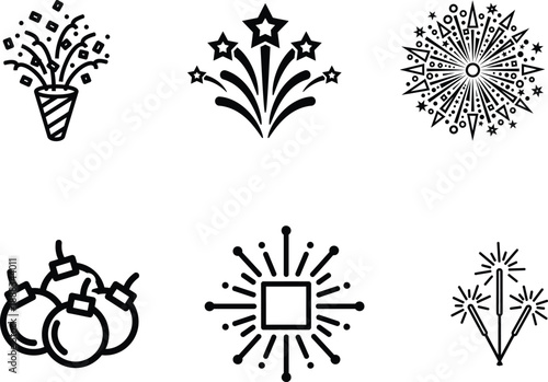 Fireworks icons set for celebrations and parties with sparklers and explosions  fun and festive designs