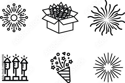 fireworks icons set for celebrations and parties with rockets and sparklers