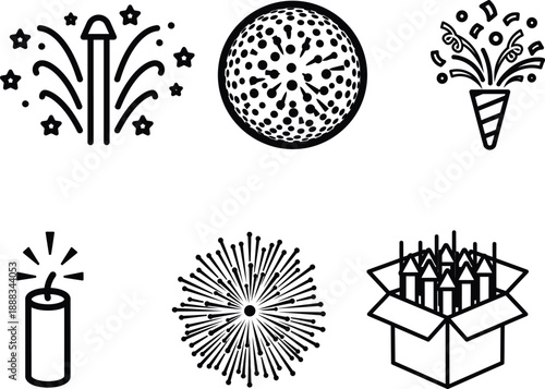 fireworks icons set for celebrations and parties with various designs