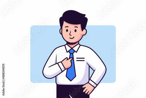 Cartoon illustration of a friendly businessman or office worker pointing to himself with a confident expression.
