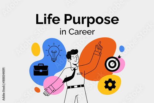 An illustration depicting a man contemplating his life purpose and career goals, surrounded by symbols of ideas, work, and ambition.