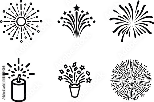 Fireworks icons set with various explosion styles and shapes  celebration elements