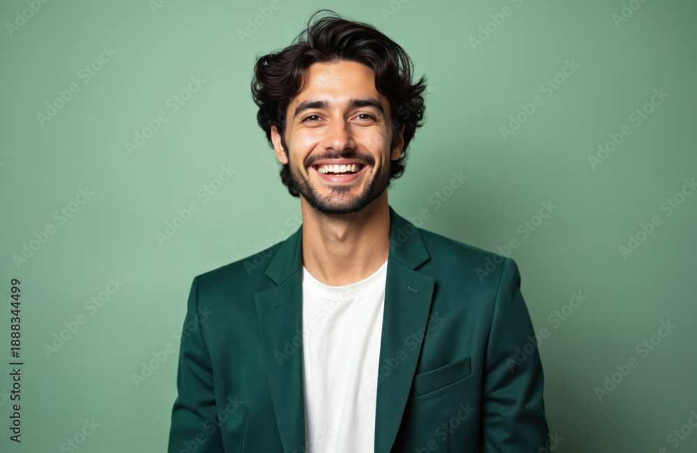 Fototapeta premium Young man wears green blazer smiling warmly against a plain light green backdrop. He shows confidence and positivity, suitable for business or casual contexts.