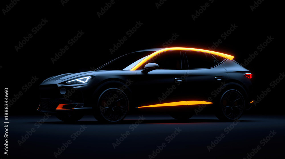 Fototapeta premium Futuristic electric car concept with glowing neon light accents on dark background modern automotive design