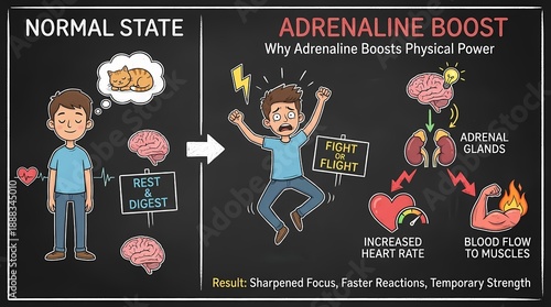 Cartoon style biological explanation of adrenaline boost and fight or flight response