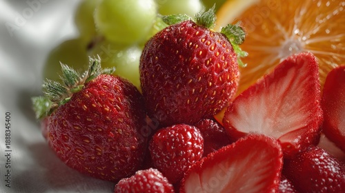 Delicious Fresh Fruit Composition with Strawberries, Grapes, and Orange Slice