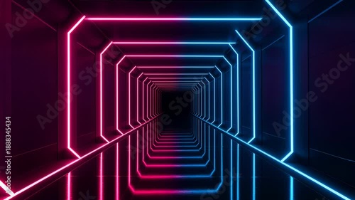 Futuristic Cyberpunk Corridor with Glowing Pink and Blue Neon Hexagonal Light Frames in a Dark Tunnel