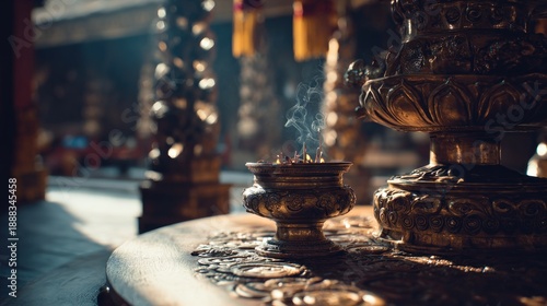 Detailed Close-Up of an Incense Burner with Smoke in a Temple Setting