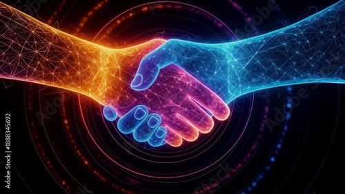 Futuristic Digital Handshake Concept Representing AI Technology Partnership and Global Corporate Innovation