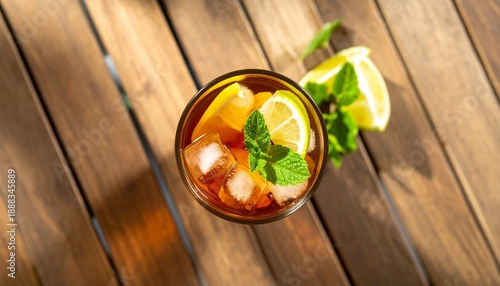Overhead view of a refreshing glass of iced tea with lemon slices, mint leaves, and ice cubes on a rustic wooden table in sunlight.