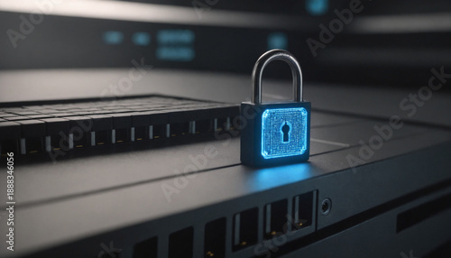 Cybersecurity concept with glowing digital padlock protecting server data in modern technology background.