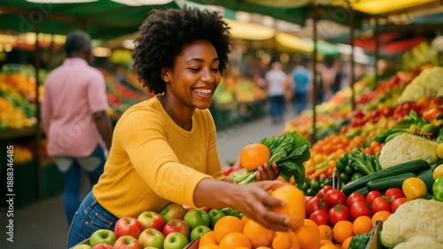 Cheerful Afro-descendant Woman Shopping for Fresh Organic Produce and Healthy Food at a Vibrant Outdoor Farmers Market Stand