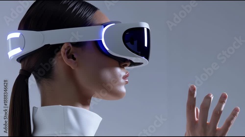 Young Woman Wearing High-Tech Virtual Reality Headset Interacting with Futuristic Digital Interface