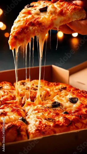 Delicious Hot Pizza Slice with Melting Mozzarella Cheese Pull and Olives Lifted from Delivery Box, Tasty Italian Fast Food Concept
