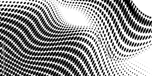 Grunge halftone dots pattern texture background. Black and white pixels. Modern dotted vector illustration. Abstract wavy lines. Points backdrop. Gradient spotted pattern. Wide image