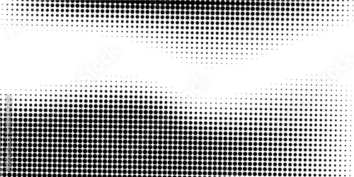 Grunge halftone dots pattern texture background. Black and white pixels. Modern dotted vector illustration. Abstract wavy lines. Points backdrop. Gradient spotted pattern. Wide image