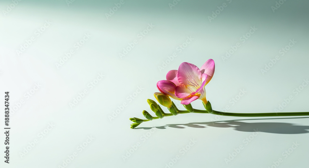 Fototapeta premium Single Fresh Freesia Flower – Horizontal Minimalist Studio on Light Pastel Background