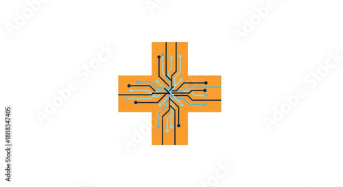 Medical cross symbol with circuit board design in orange and blue hues, representing health technology and innovation