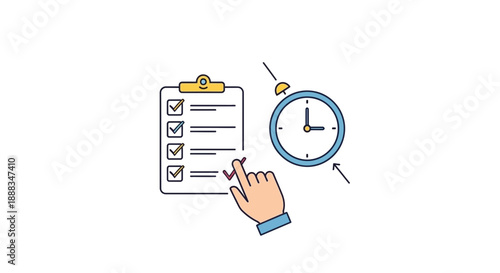 Hand checking items on a checklist with a clock nearby indicating time management