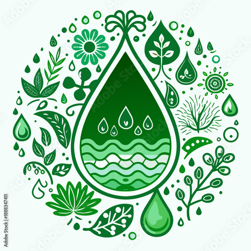 Green water droplet with leaves and flowers in circular design  