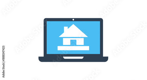 Laptop displaying house icon on screen, a digital representation of home or real estate, viewed from front